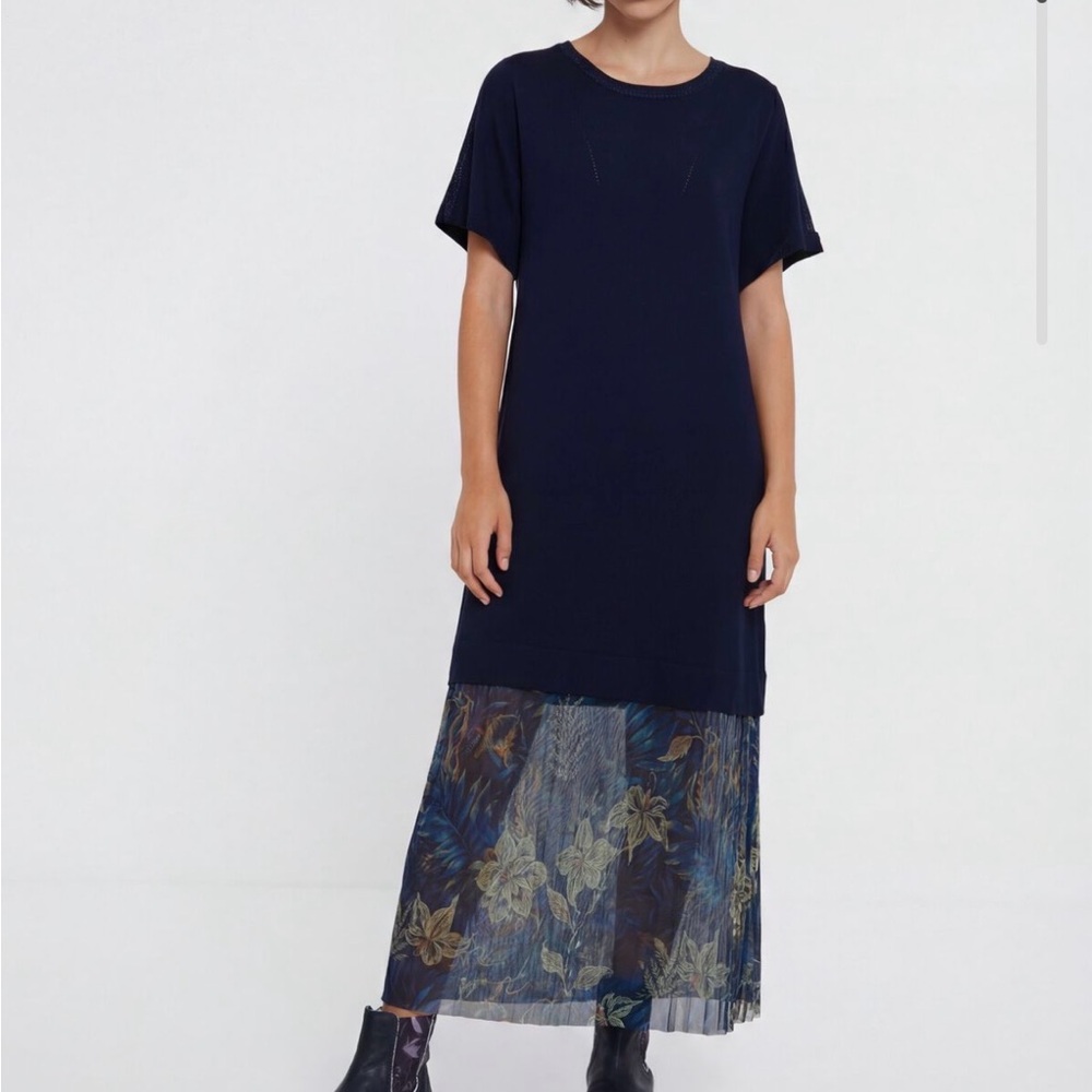 NEW Desigual Blue Knit Floral Pleated Accent Short Sleeve Maxi Dress